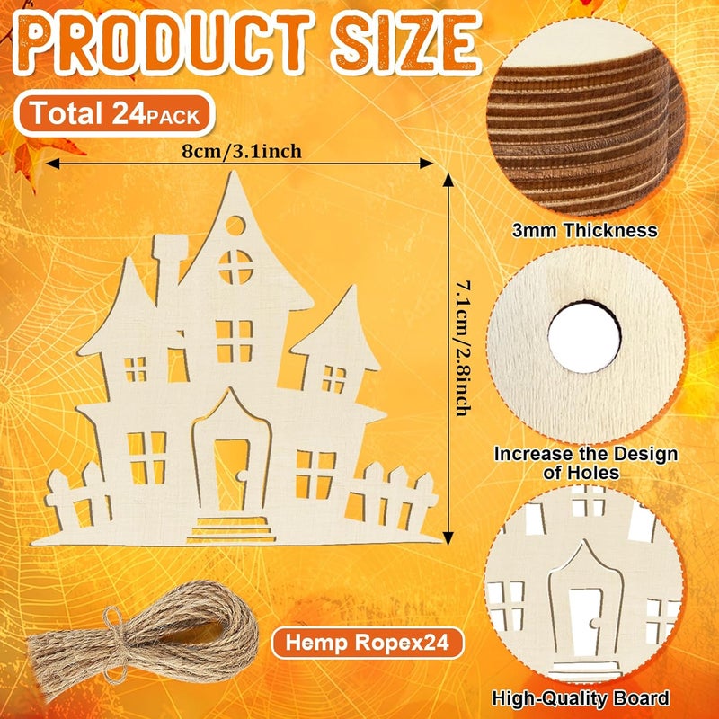 Sophena Wooden Halloween Ornaments to Paint Fall Decoration Cutouts Unfinished 24PCS 3.5 inches, DIY Blank Unfinished Wood Spider Web Ghost Skeleton Ornament for Home Harvest Crafts Hanging Autumn Decorations - Image 2